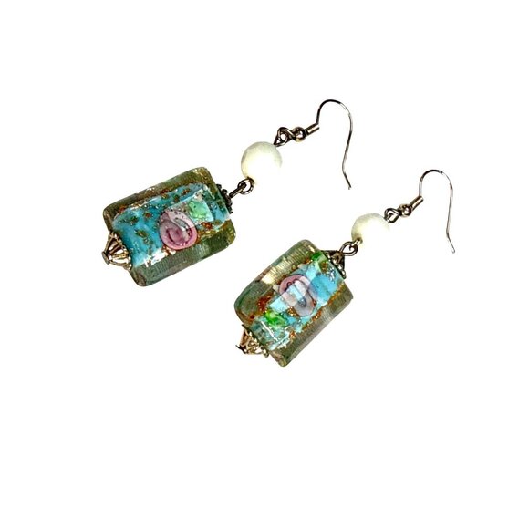 Glass Bead Earrings Rectangular Dangle Handmade Boho Jewelry Gift - Picture 1 of 8